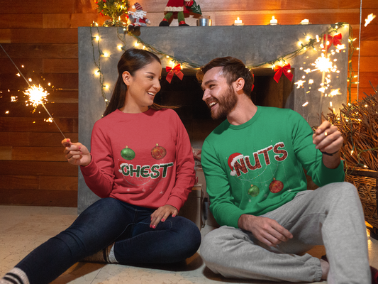 CHRISTMAS COUPLES "CHEST NUTS" FUNNY / UNISEX SOFT PULLOVER CREWNECK SWEATSHIRT